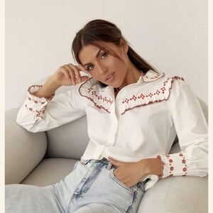 Polo Ralph Lauren White Embroidered Ruffle Collar Shirt Ladies Size Medium